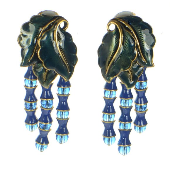Vintage Oscar de la Renta Enamel Leaf Drop Earrings - Picture 1 of 5